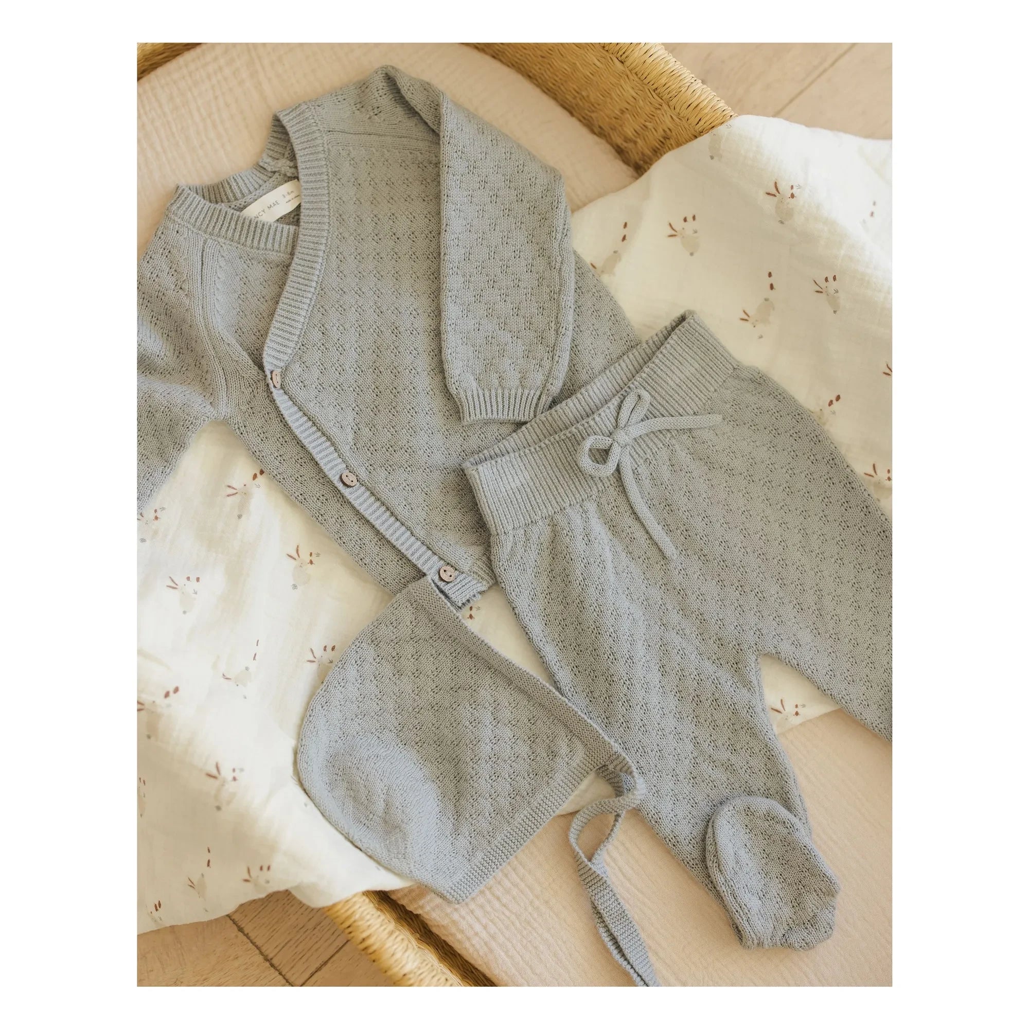 Quincy Mae - Cárdigan, pantalón y body de punto de algodón orgánico | Azul grisáceo