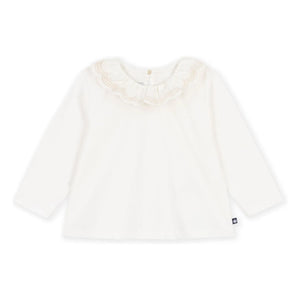 Petit Bateau - Organik pamuklu fırfırlı yakalı T-shirt | Beyaz