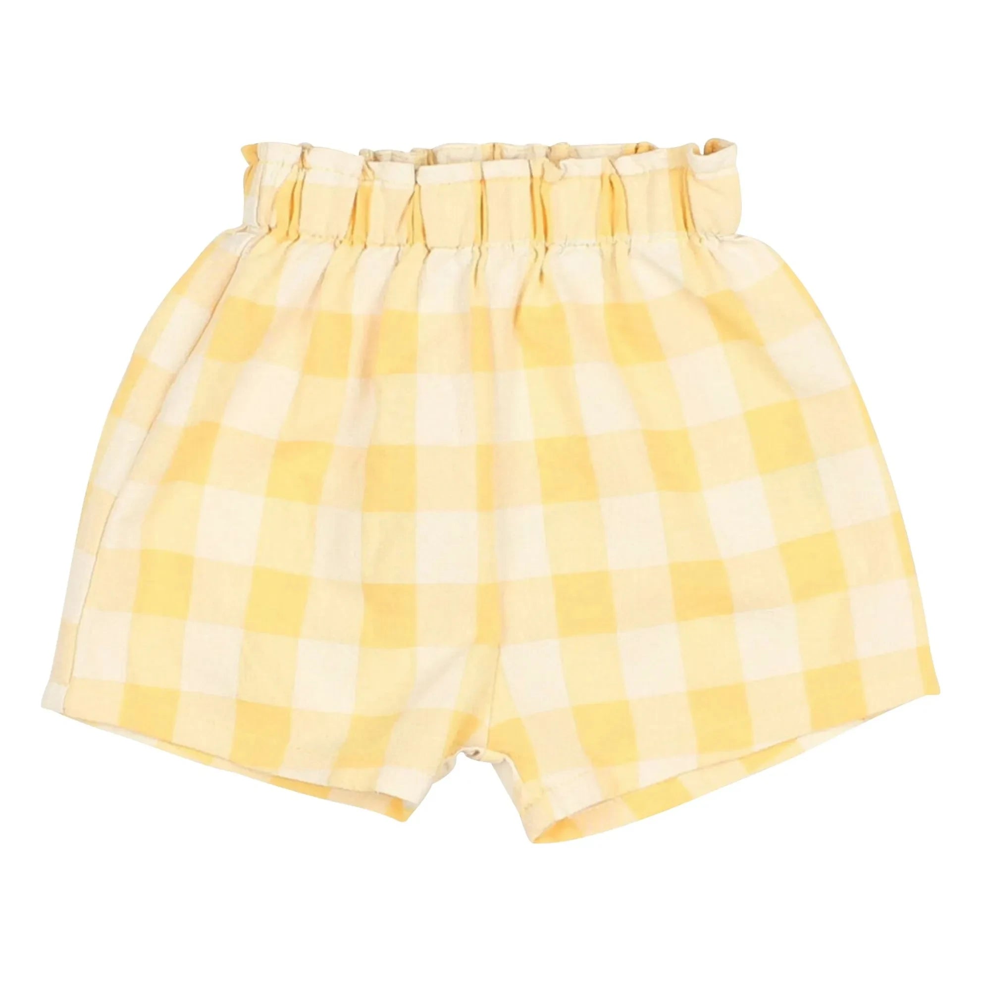Búho - Pantalón corto de algodón orgánico seersucker vichy amarillo