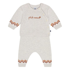 Petit Bateau - Conjunto de Jersey y Pantalón de Lana P'tit Cœur | Beige jaspeado