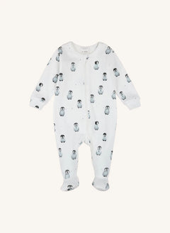 Petit Lem - Pijama acanalado de algodón orgánico con estampado de pingüino y patucos integrados | Ecru