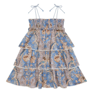 Zimmermann - Vestido Fruncido con Estampado Floral y Ribetes de Volantes | Azul Claro