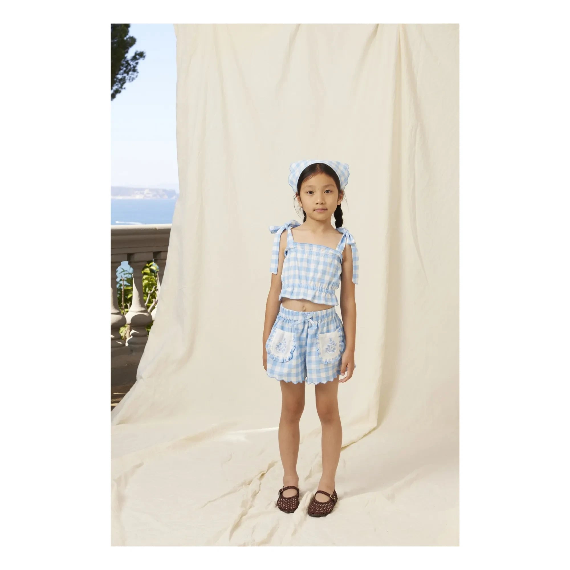 Bebe Organic - Pantalón corto con bordado de azulejos Viola | Azul claro