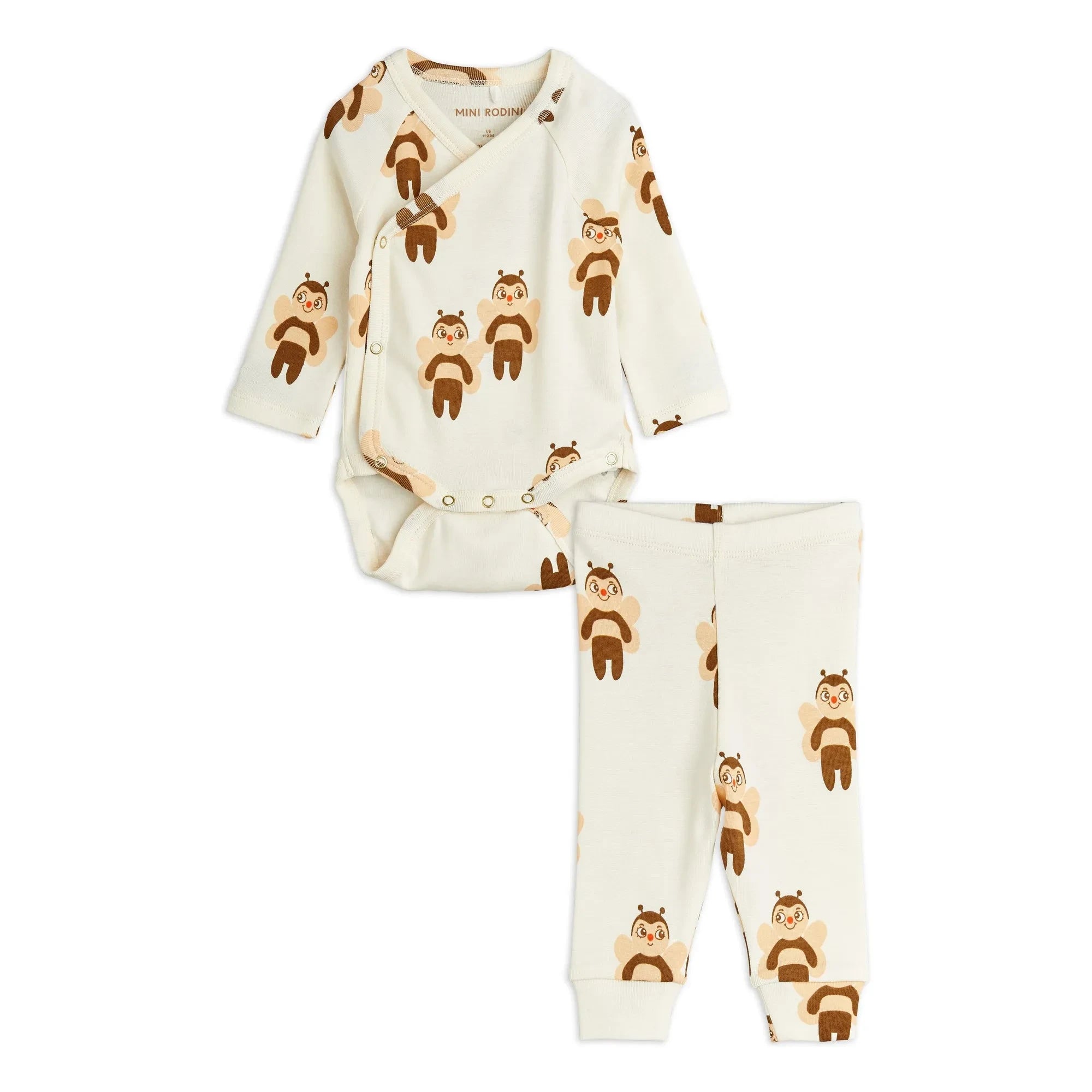 Mini Rodini - Set de body y leggings de algodón orgánico con estampado de abejas | Crudo