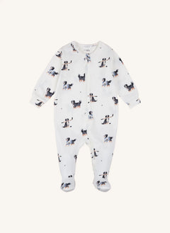 Petit Lem - Pijama enterizo con pies estampado de perro en modal y algodón orgánico | Ecru
