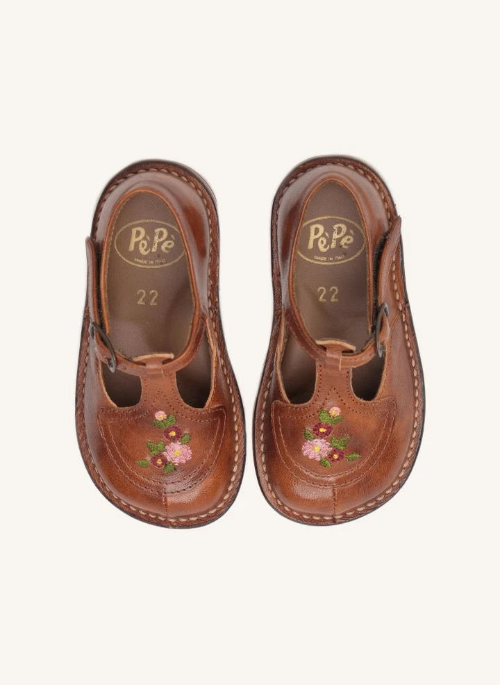Pèpè - Zapato de bebé con bordado de flores | Marrón