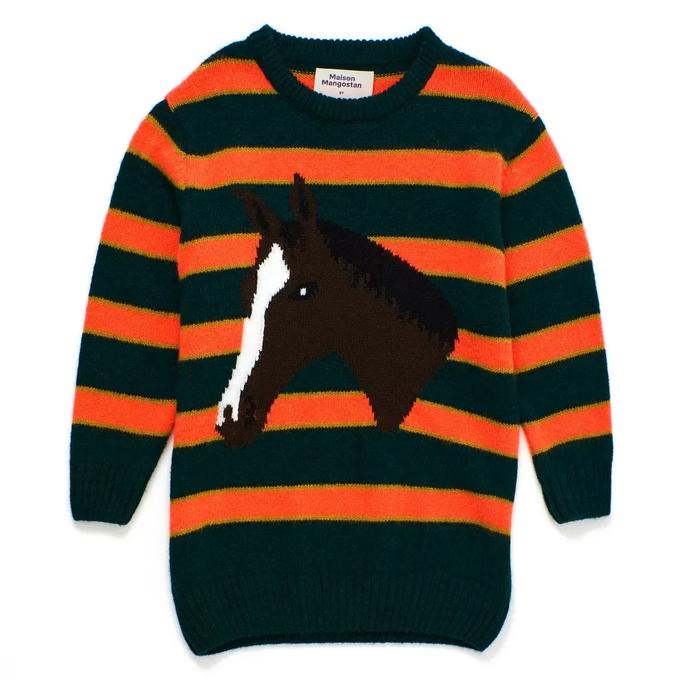 Maison Mangostan - Jersey de punto a rayas con caballo | Verde oscuro