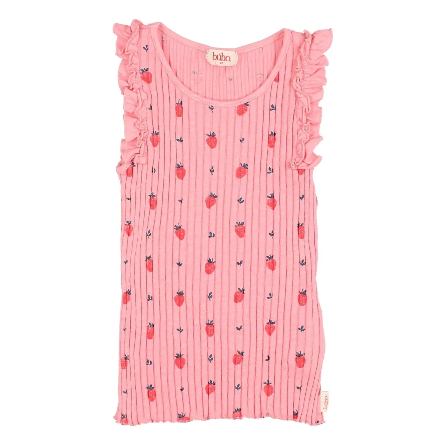 Búho - Camiseta de tirantes a rayas Strawberry Ruffles de algodón orgánico | Rosa caramelo