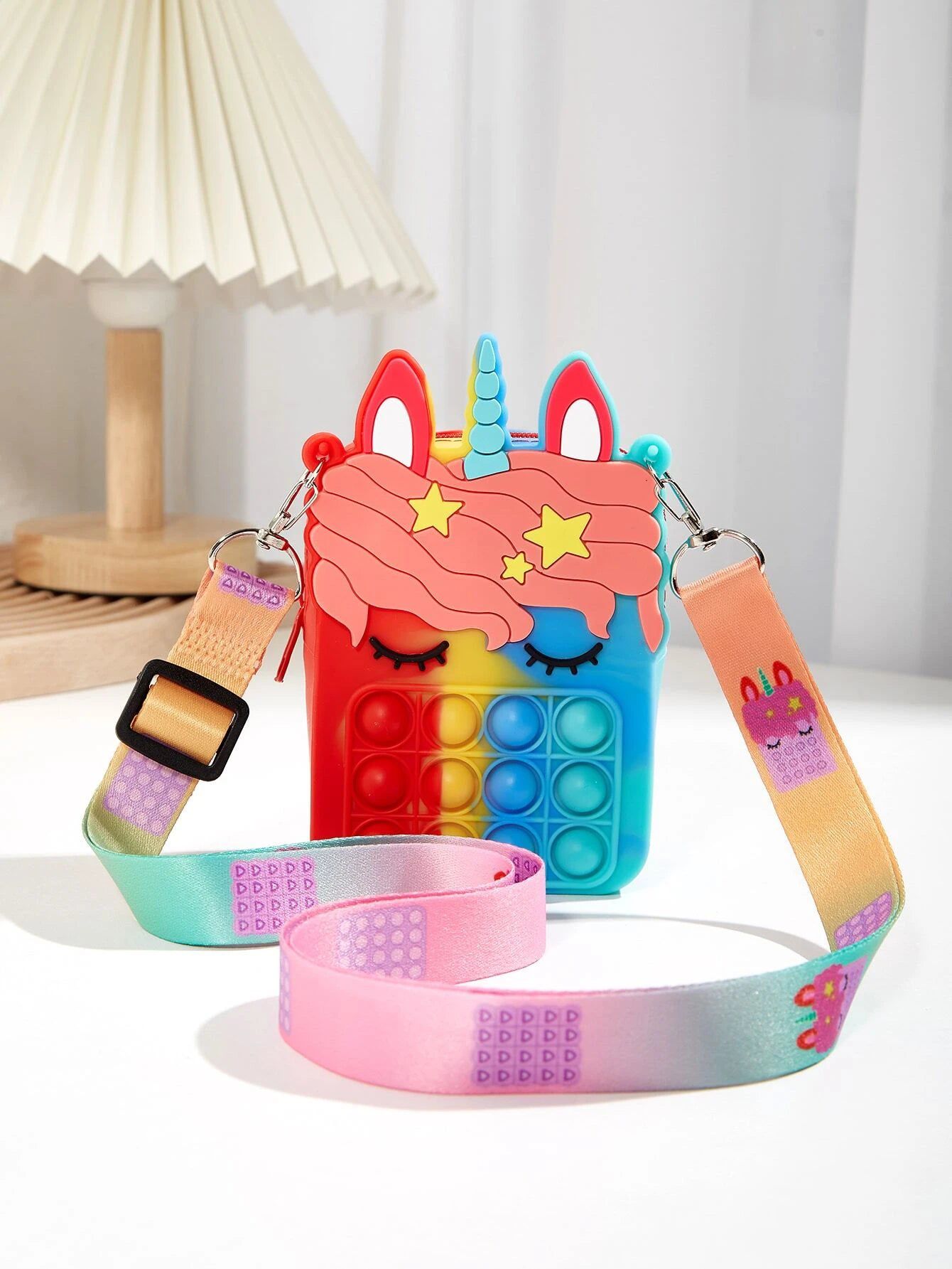 Dinossi - Bolso de hombro para niña con diseño de unicornio Popit, azul y rojo