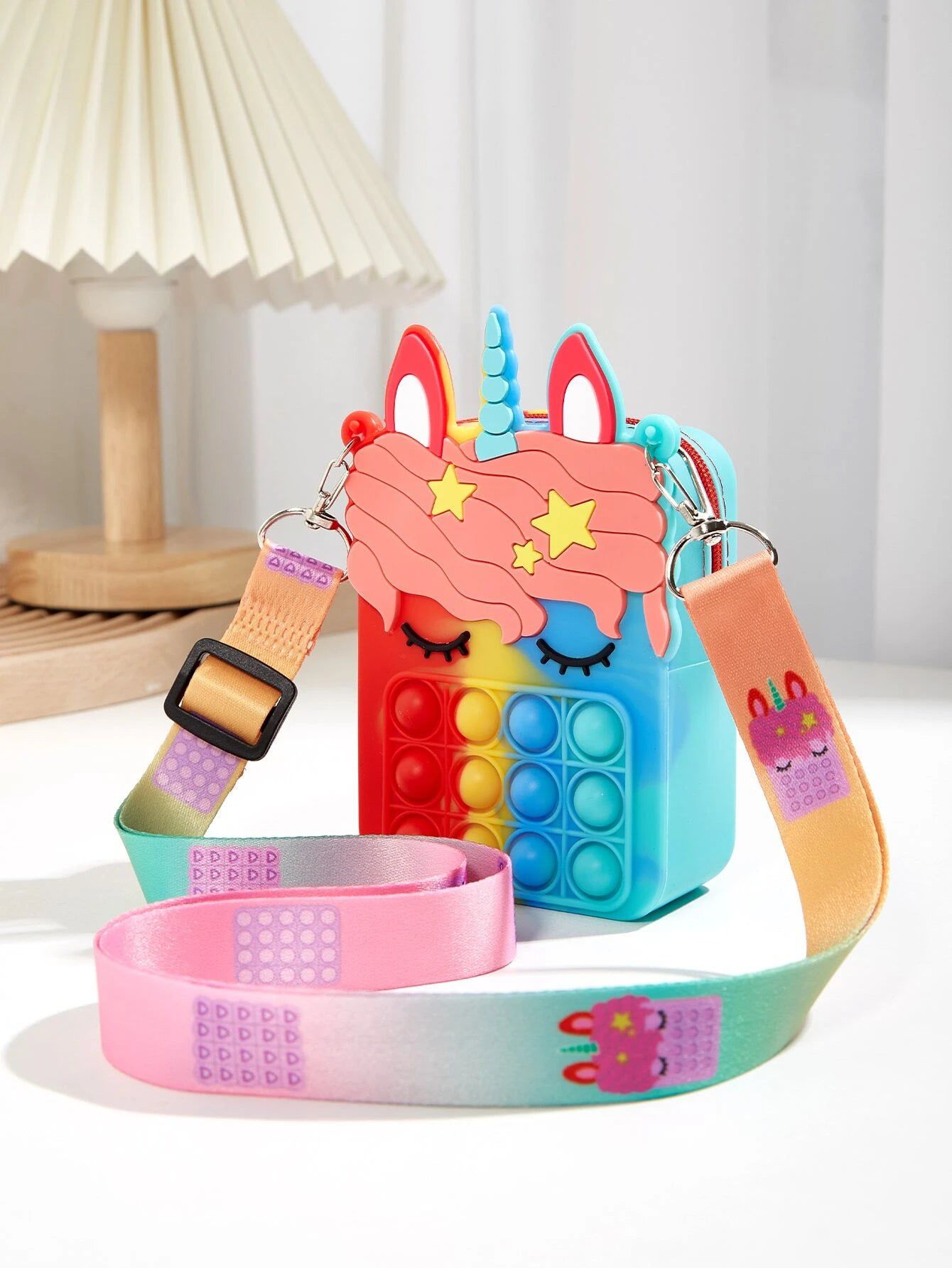 Dinossi - Bolso de hombro para niña con diseño de unicornio Popit, azul y rojo