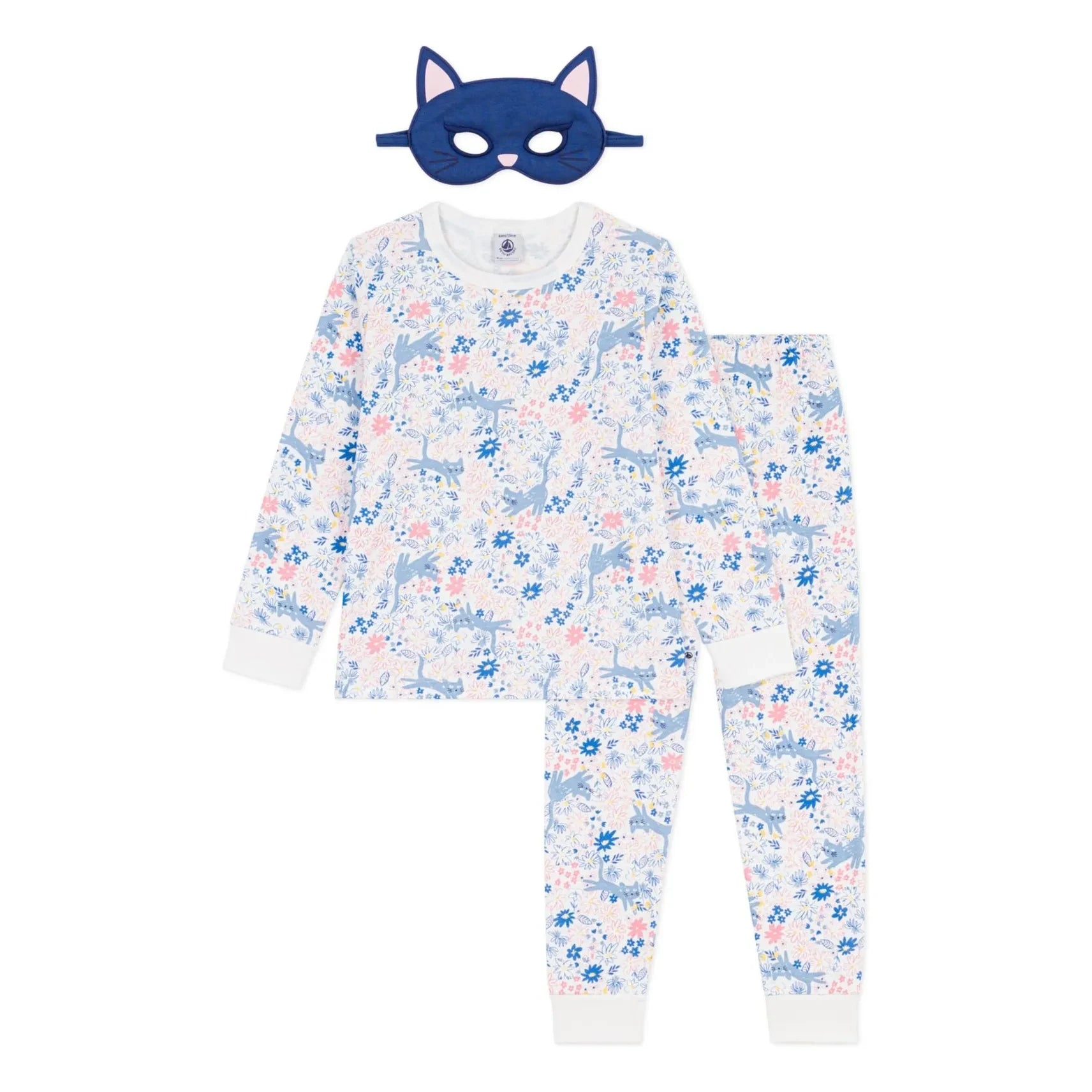 Petit Bateau - Conjunto de pijama de algodón orgánico con estampado floral y máscara de gato | Blanco