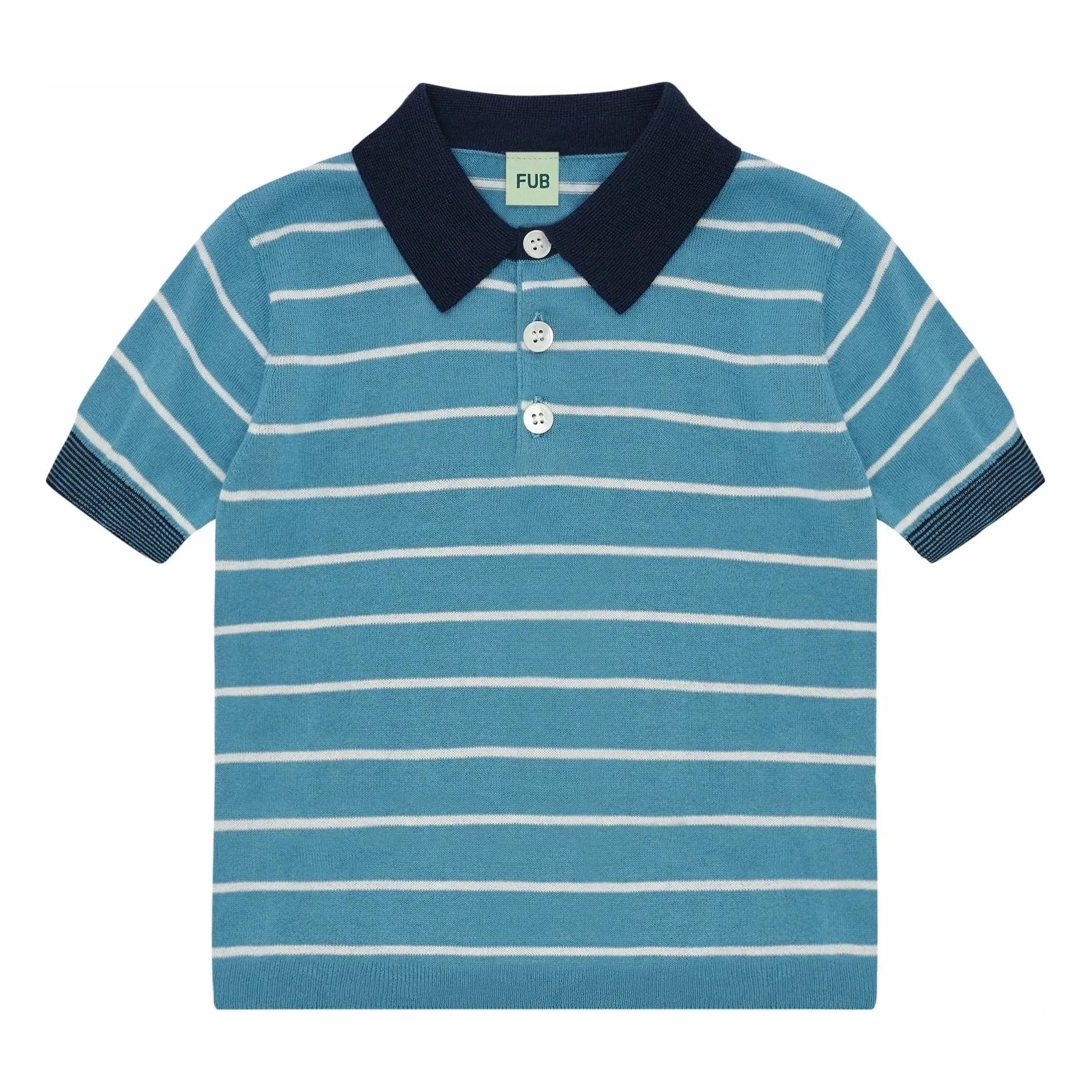 FUB - Polo de punto fino de algodón orgánico a rayas | Azul celeste