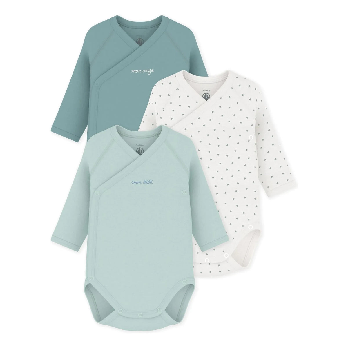 Petit Bateau - Conjunto de 3 Bodys Mon Bébé de Algodón Orgánico | Verde