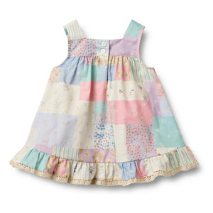 Wheat - Vestido de volantes de algodón orgánico Ayla Patchwork | Amarillo pálido
