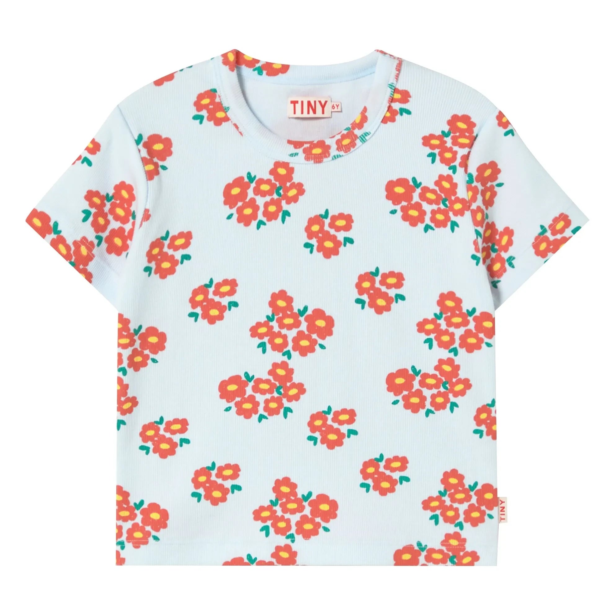 Tinycottons - Camiseta de canalé Flores Algodón orgánico | Azul claro