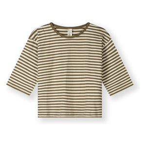 Gray Label - Camiseta de algodón orgánico a rayas con manga 3/4 | Marrón caqui