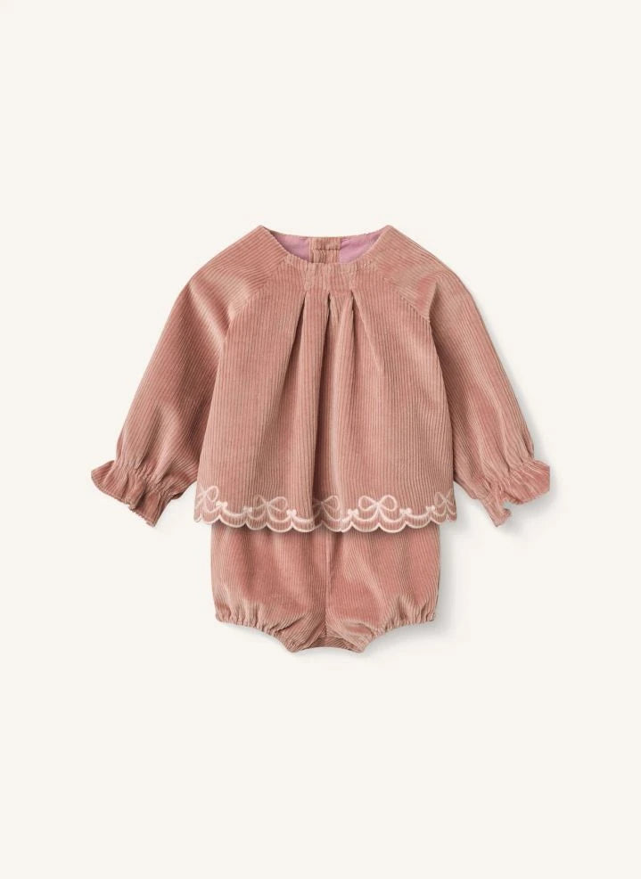 Copenhagen Colors - Conjunto de blusa bordada y bloomers de terciopelo acanalado de algodón orgánico | Rosa empolvado