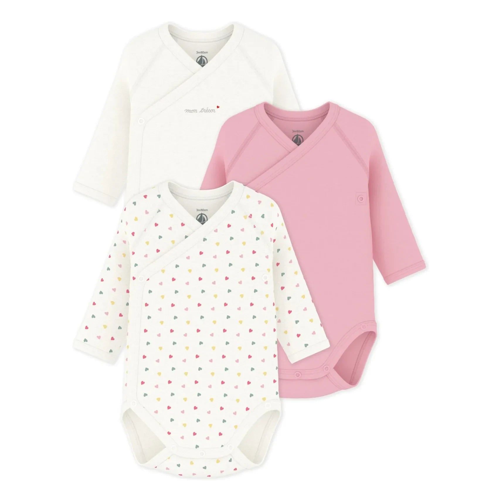 Petit Bateau - Conjunto de 3 peleles cruzados de algodón orgánico Mon Trésor | Blanco