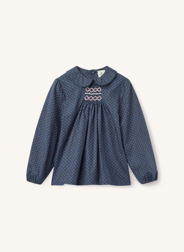 Copenhagen Colors - Blusa fruncida con estampado floral de algodón orgánico | Azul marino
