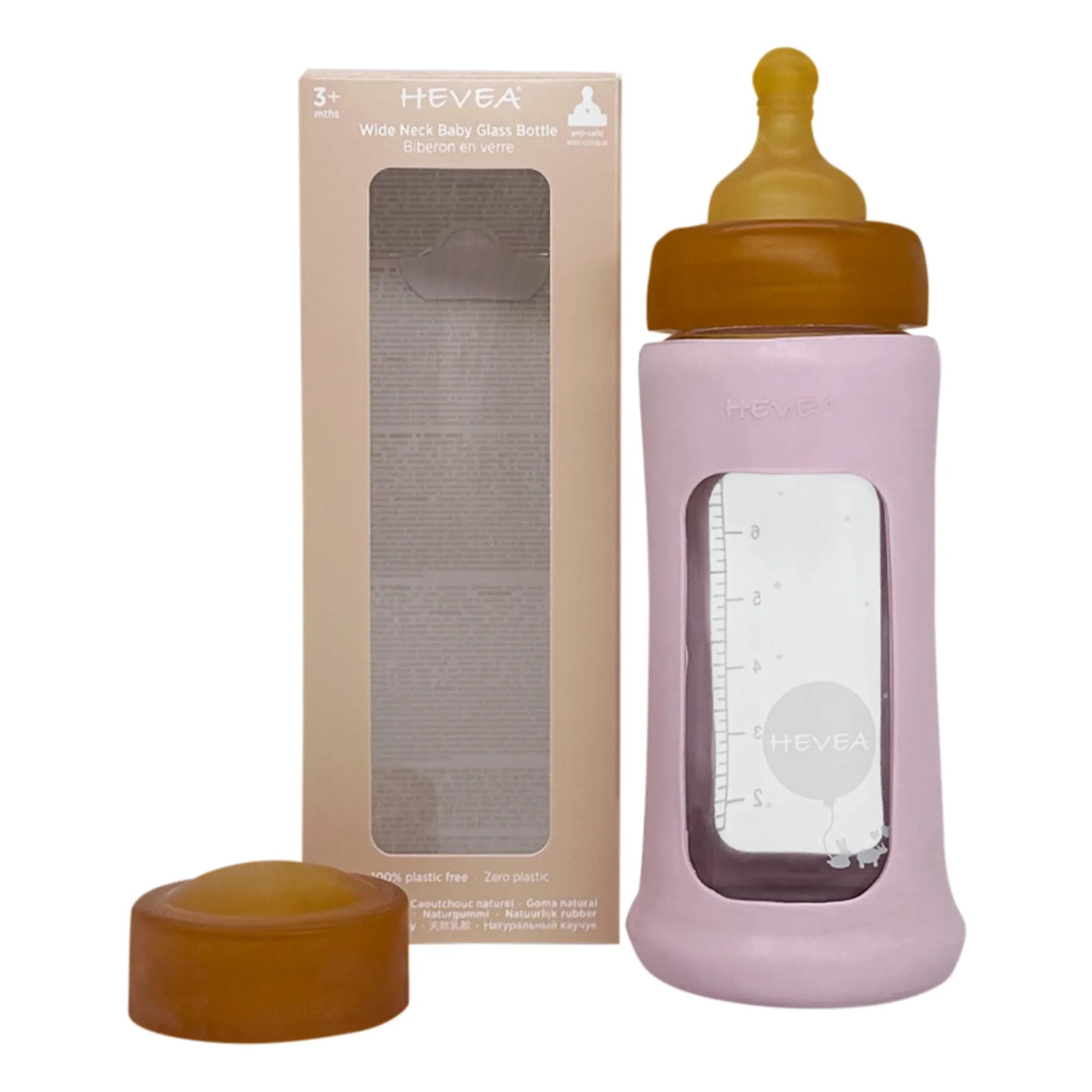 Hevea - Biberón de Cristal de Boca Ancha de Flujo Medio con Funda Protectora | Rosa Empolvado