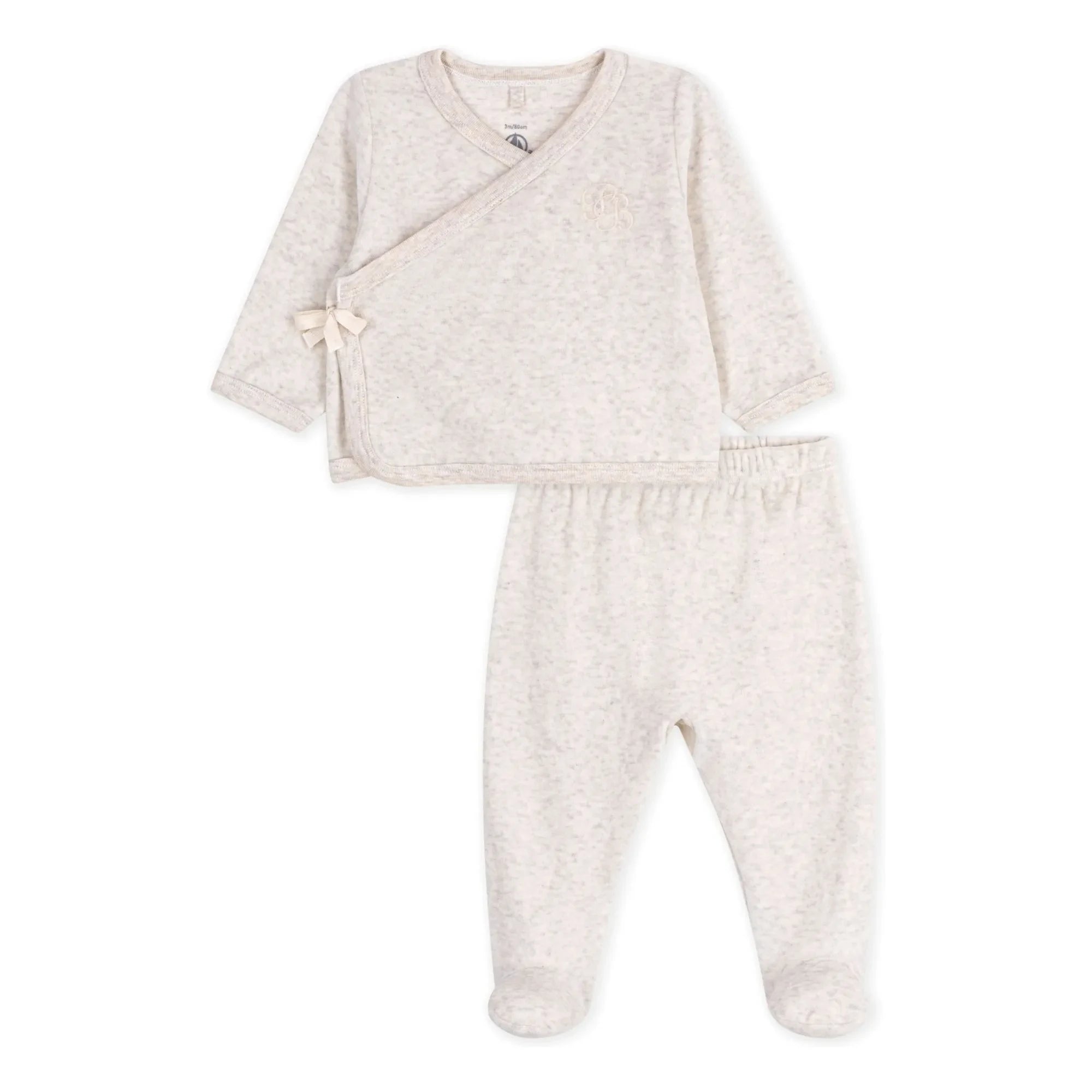 Petit Bateau - Conjunto de pantalón y body cruzado de terciopelo de algodón orgánico | Beige jaspeado