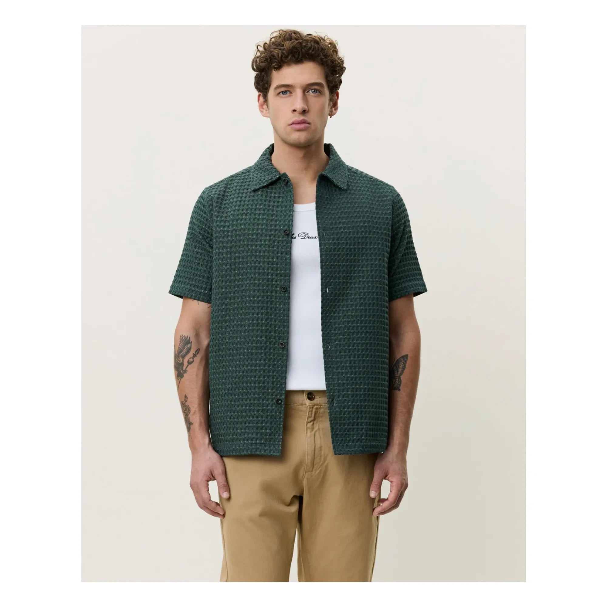 Les Deux - Camisa Chack Seersucker | Verde oscuro