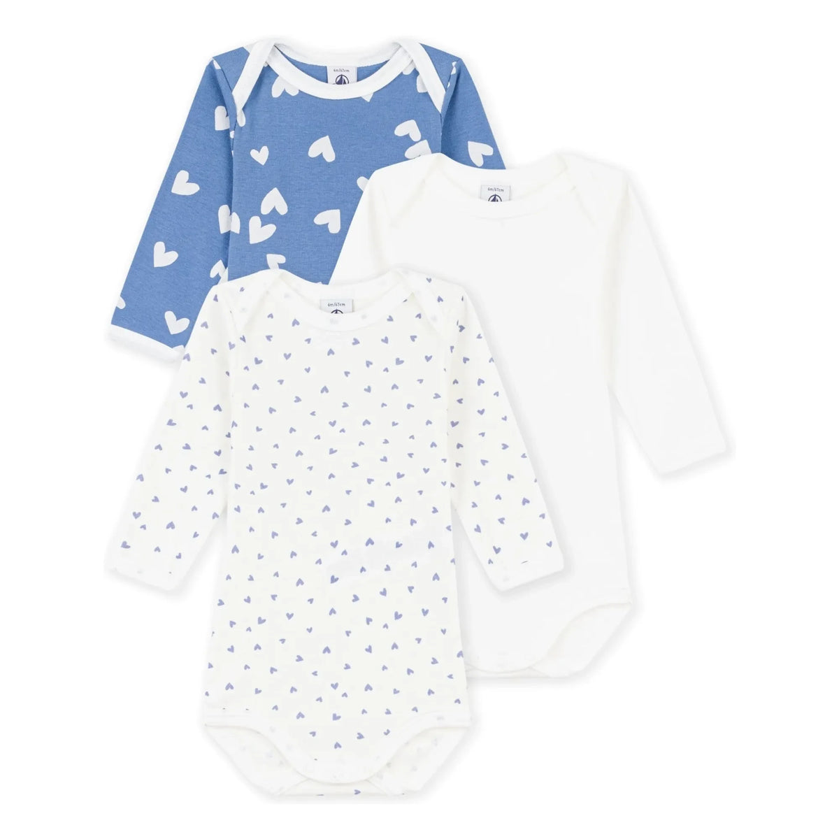 Petit Bateau - Conjunto de 3 bodies de algodón orgánico con corazones | Azul