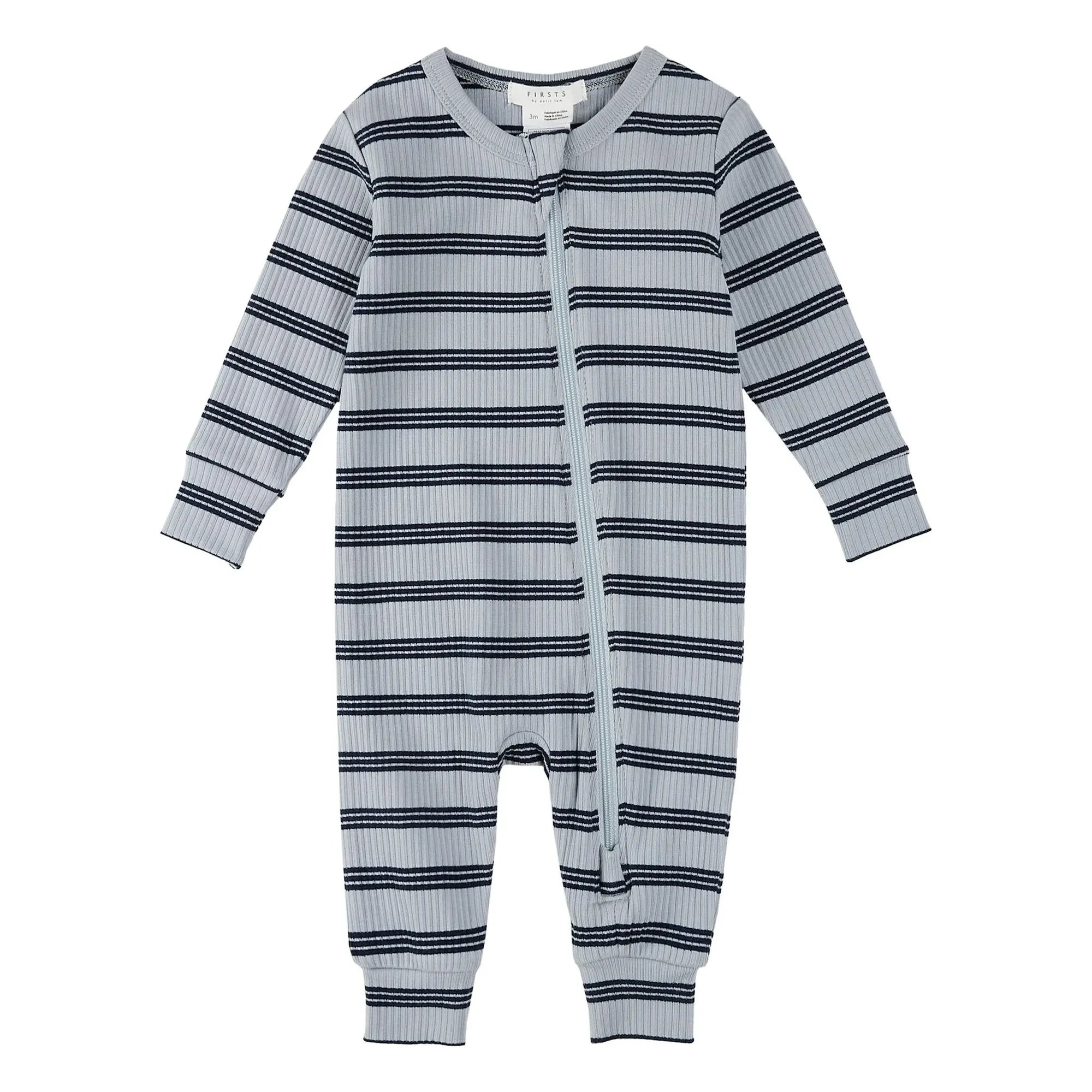 Petit Lem - Pijama de algodón orgánico acanalado a rayas | Azul