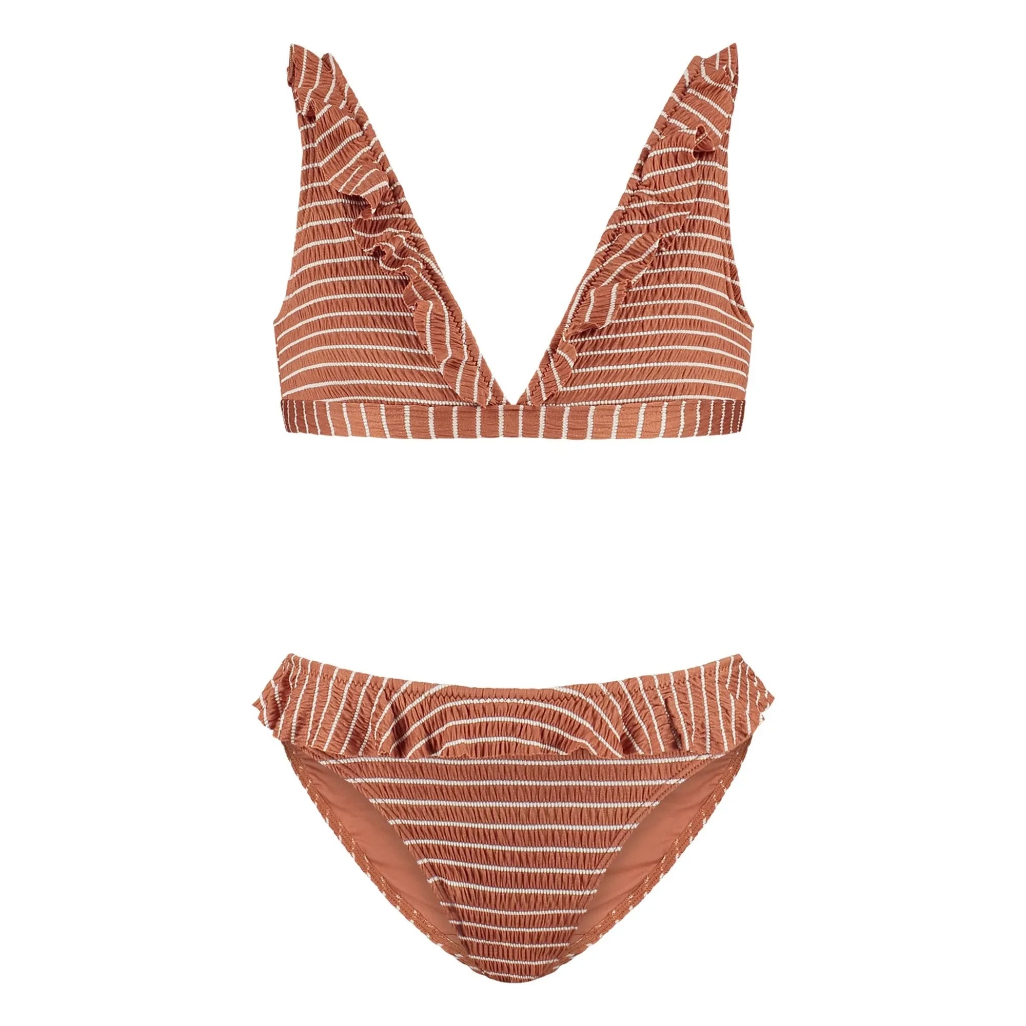 Beachlife - Bañador de 2 piezas a rayas y con volantes de fibras recicladas | Caramelo