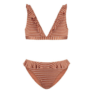 Beachlife - Bañador de 2 piezas a rayas y con volantes de fibras recicladas | Caramelo