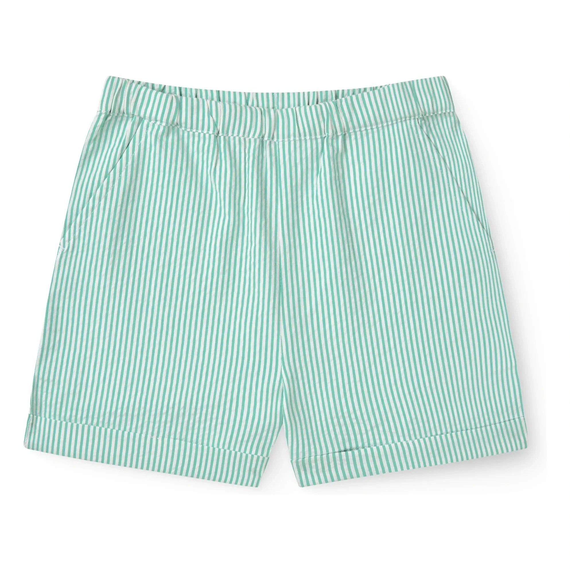 Copenhagen Colors - Pantalones cortos deportivos de algodón orgánico seersucker a rayas | Turquesa