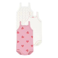 Petit Bateau - Conjunto de 3 Bodys de Algodón Orgánico con Tirantes y Estampado de Corazones | Rosa