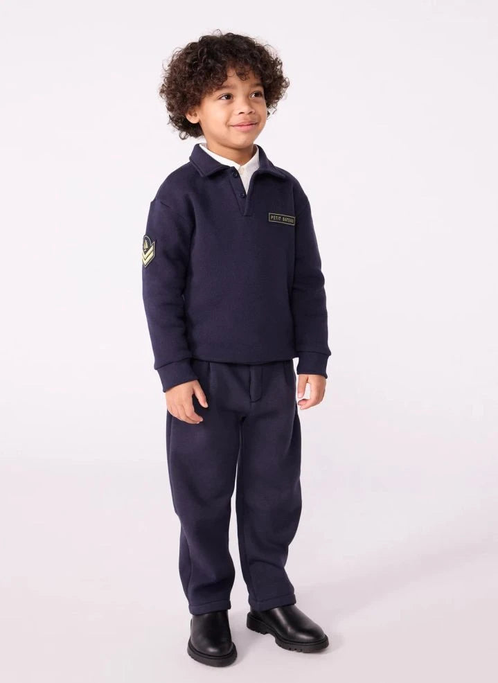 Petit Bateau - Sudadera con cuello tipo polo con escudo | Azul marino