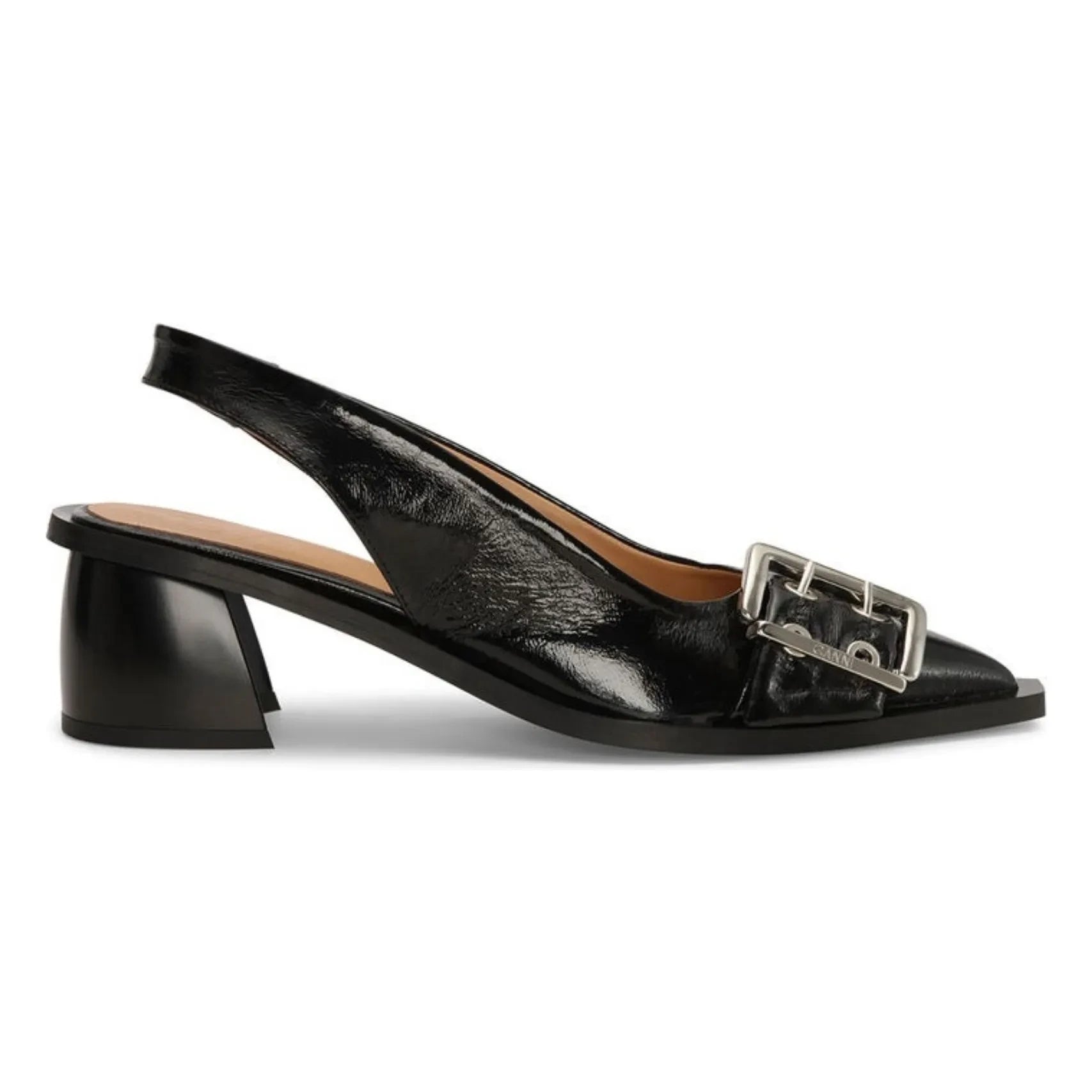 Ganni - Zapatos de Tacón con Cremallera, Detalle de Hebilla Femenina, Destalonados, Fibras Recicladas | Negro