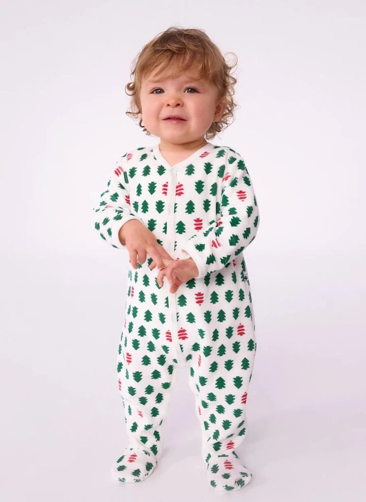 Petit Bateau - Pijama de terciopelo de algodón orgánico con pies, motivo de abeto | Blanco