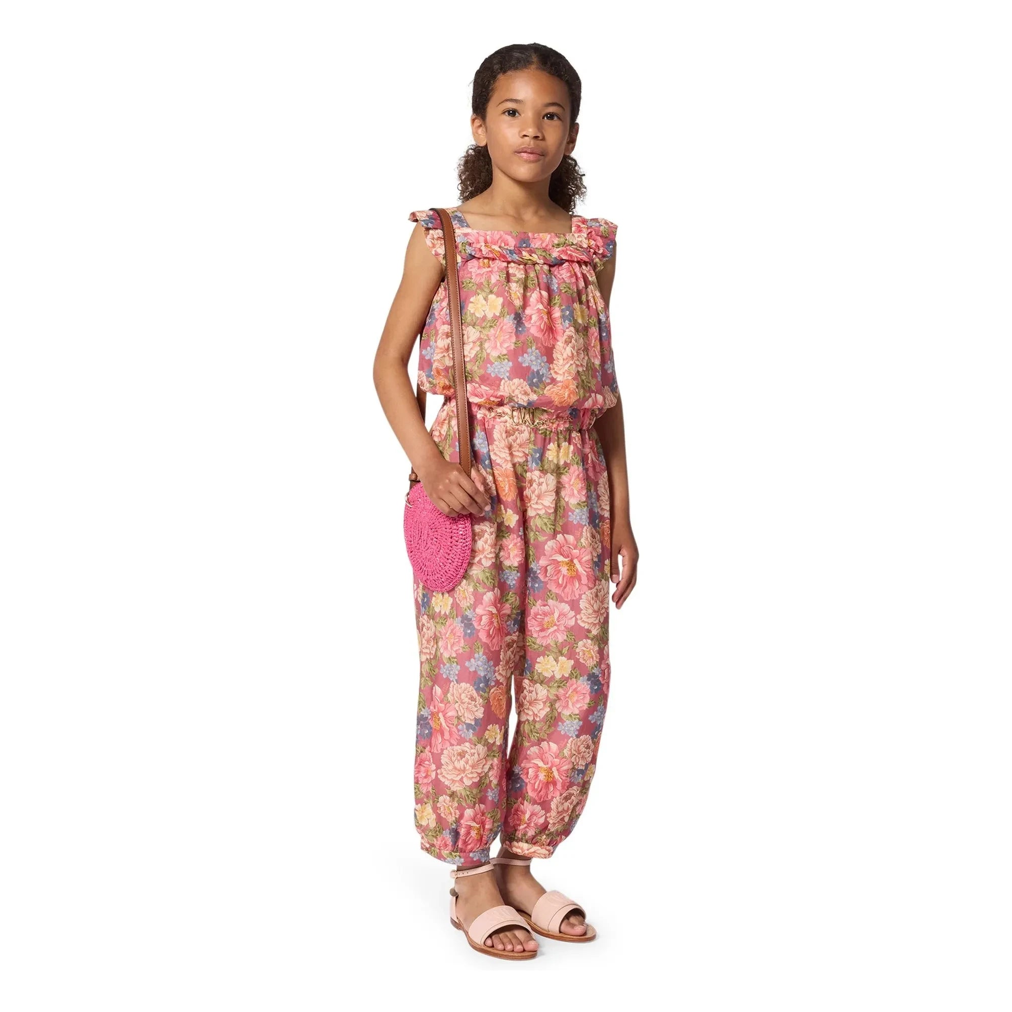 Chloé - Pelele floral de algodón orgánico | Rosa empolvado