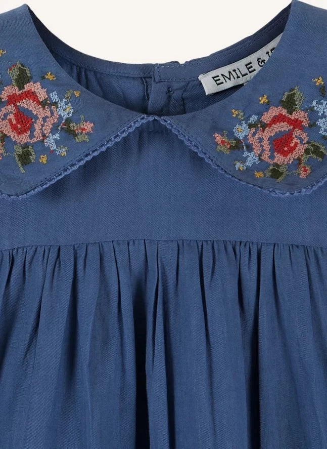 Emile et Ida - Vestido con bordado de punto de cruz | Azul