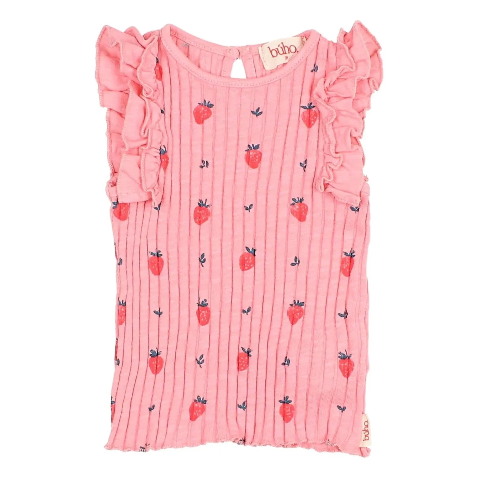 Búho - Camiseta de algodón orgánico a rayas y fresas | Rosa claro