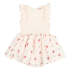 Búho - Vestido Fruncido de Manga Corta Fresas Algodón Orgánico | Lychee Pink