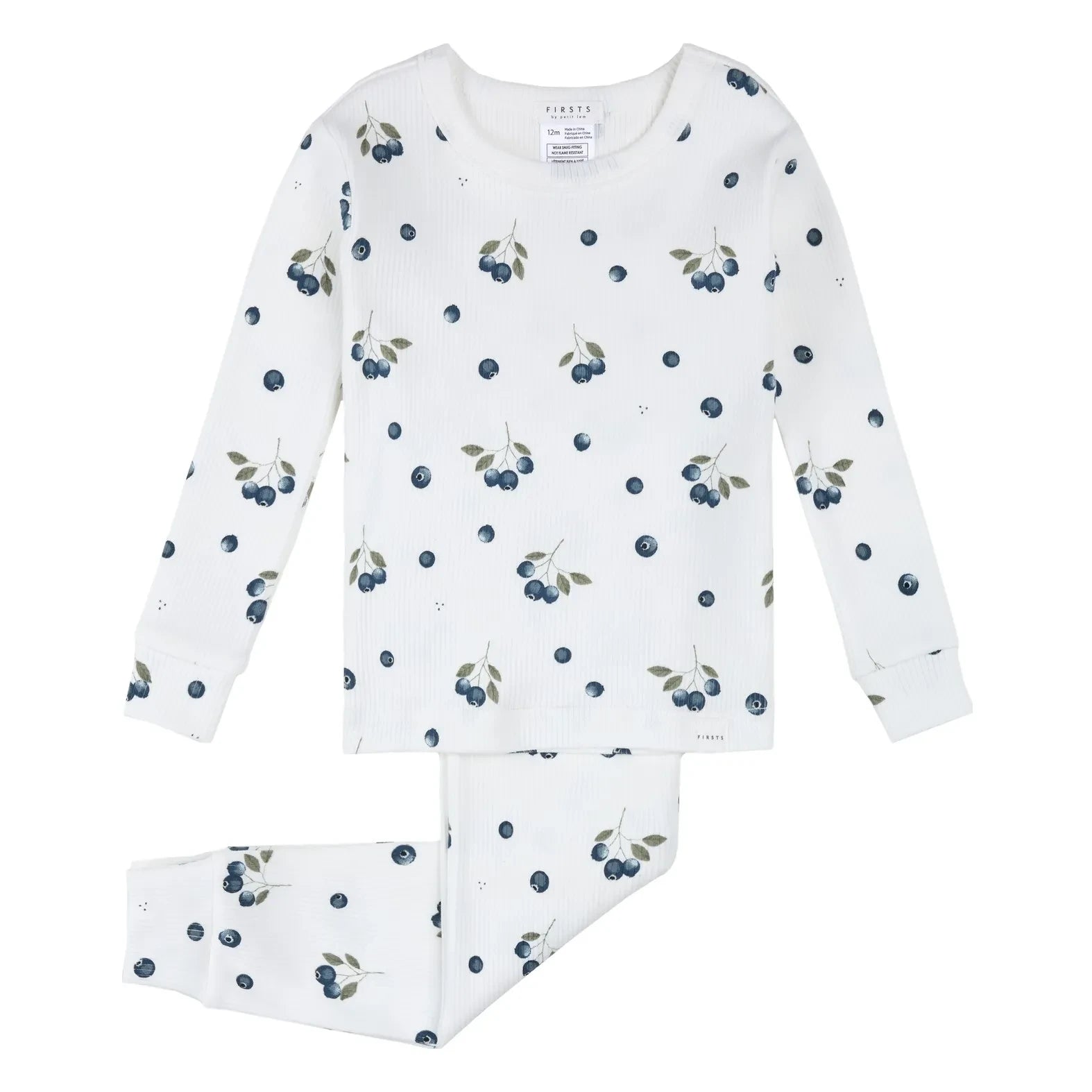 Petit Lem - Pijama de bebé de algodón orgánico acanalado con estampado de arándanos | Crudo