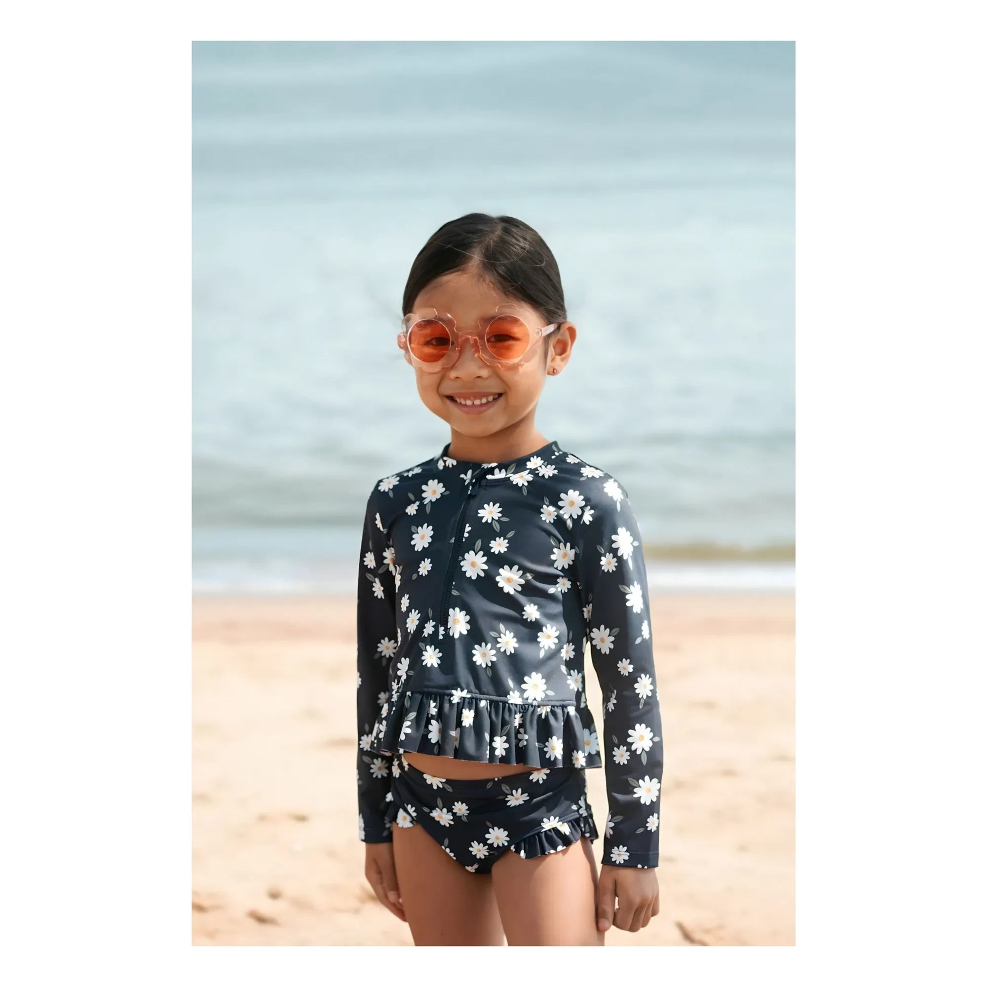 Petit Lem - Conjunto de camiseta y braguita floral con protección UV de fibras recicladas | Azul marino