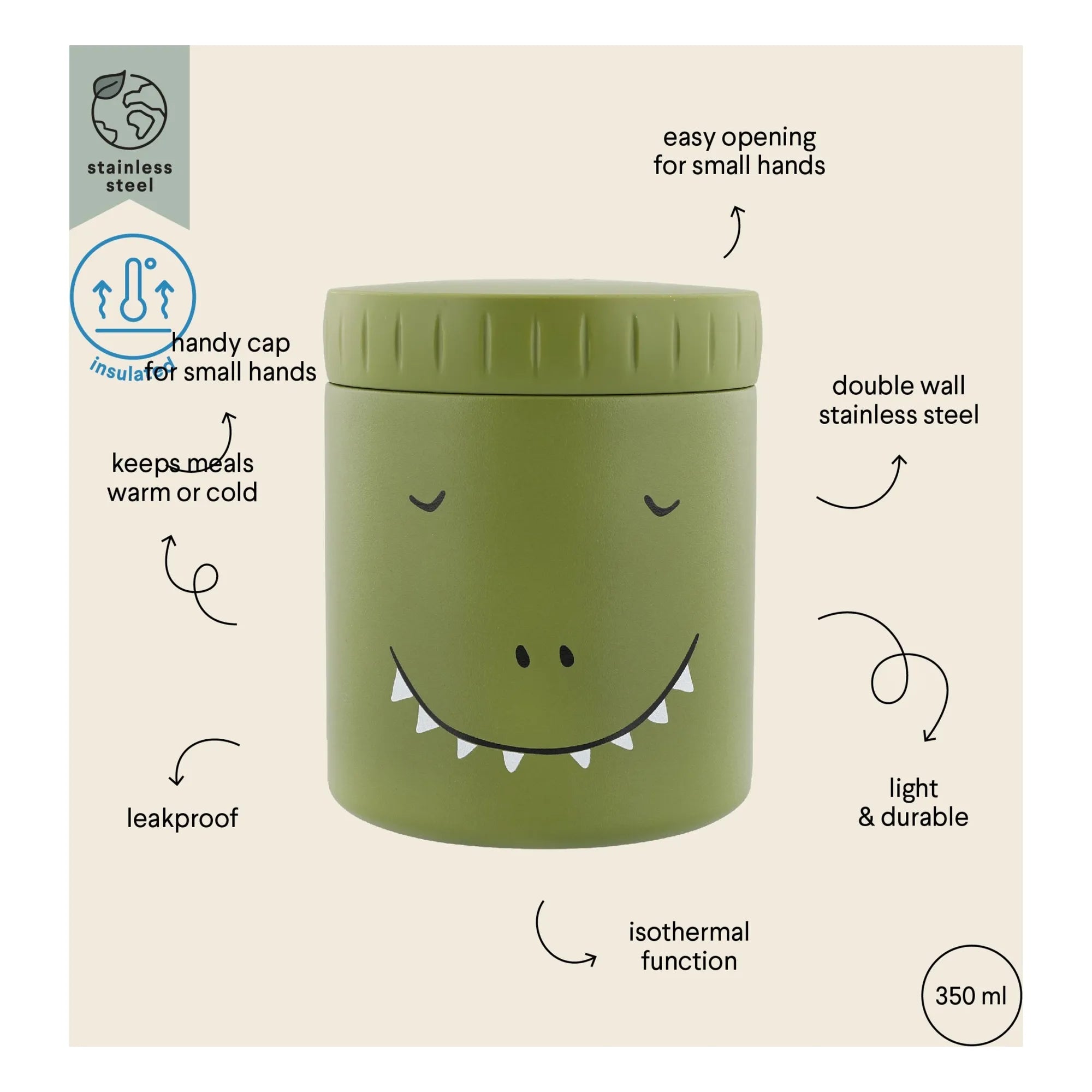 Trixie - Fiambrera isotérmica 350 ml Mr Dino | Verde