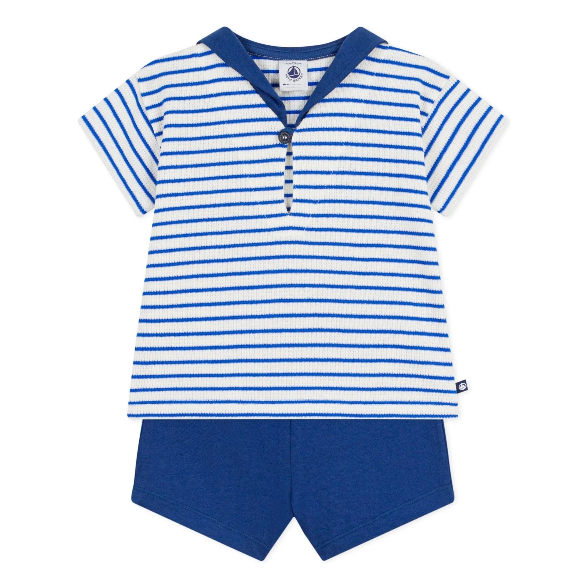 Petit Bateau - Conjunto de camiseta y pantalón corto de algodón orgánico con textura de nido de abeja | Azul