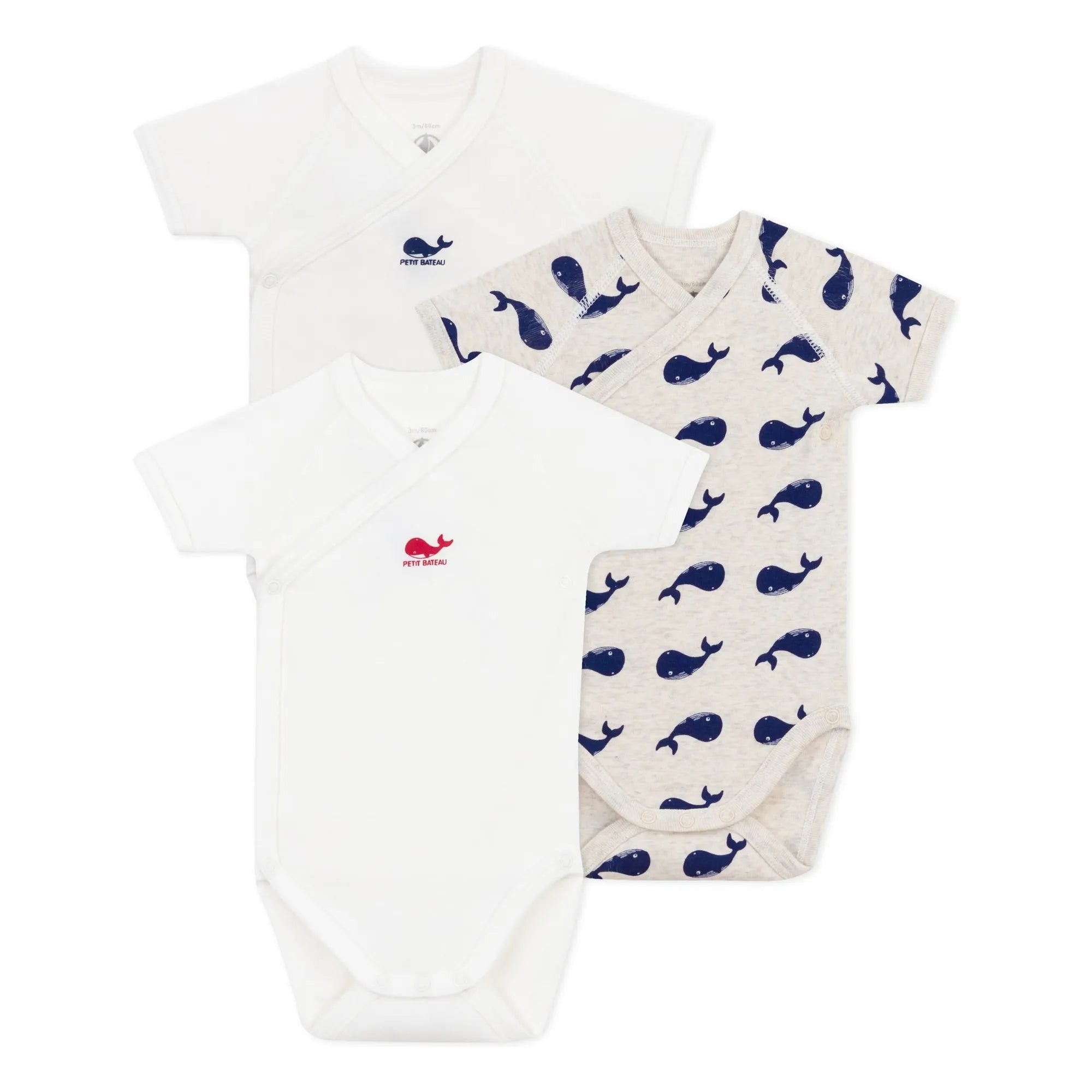 Petit Bateau - Conjunto de 3 Bodys de Algodón Orgánico con Ballenas para Recién Nacido | Crudo
