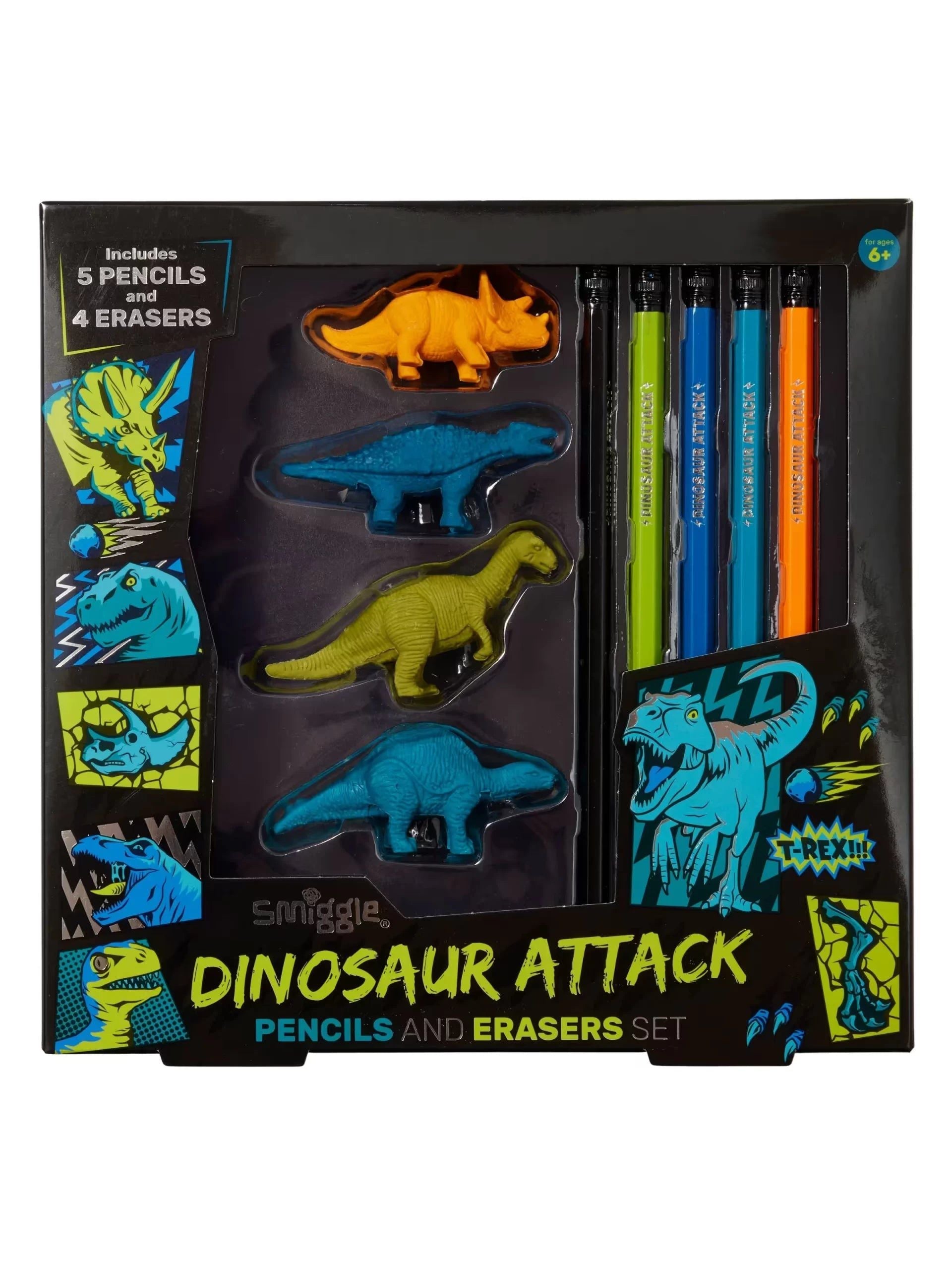 Smiggle - Set de goma de borrar y lápices Dino