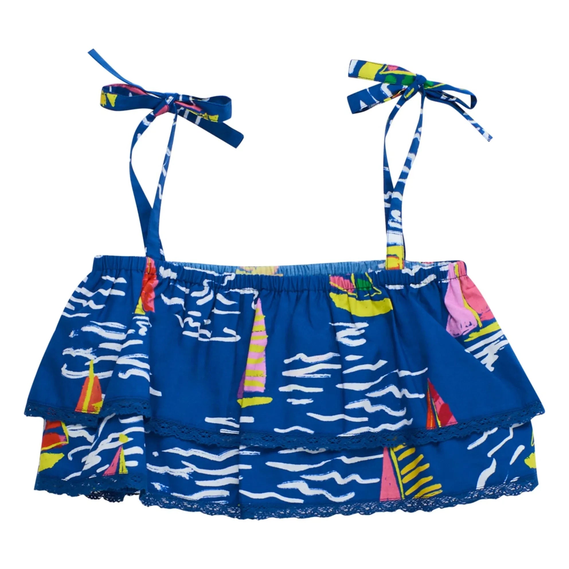 Maison Mangostan - Top corto azul con volantes de vela