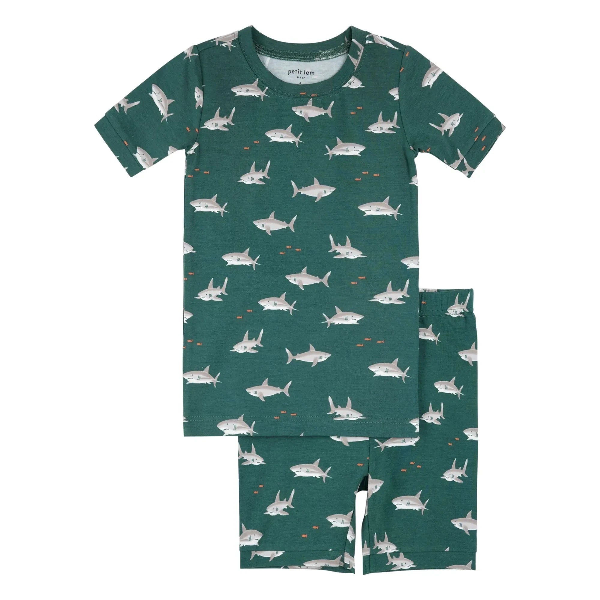 Petit Lem - Pijama corto con estampado de tiburones de algodón orgánico y modal | Verde oscuro