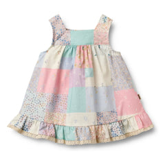 Wheat - Vestido de volantes de algodón orgánico Ayla Patchwork | Amarillo pálido