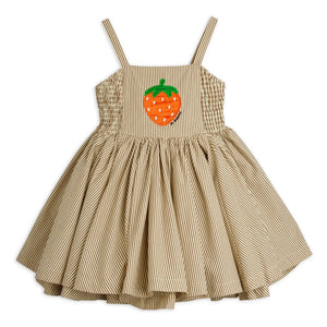 Mini Rodini - Vestido Fruncido de Popelín de Algodón Orgánico a Rayas | Marrón