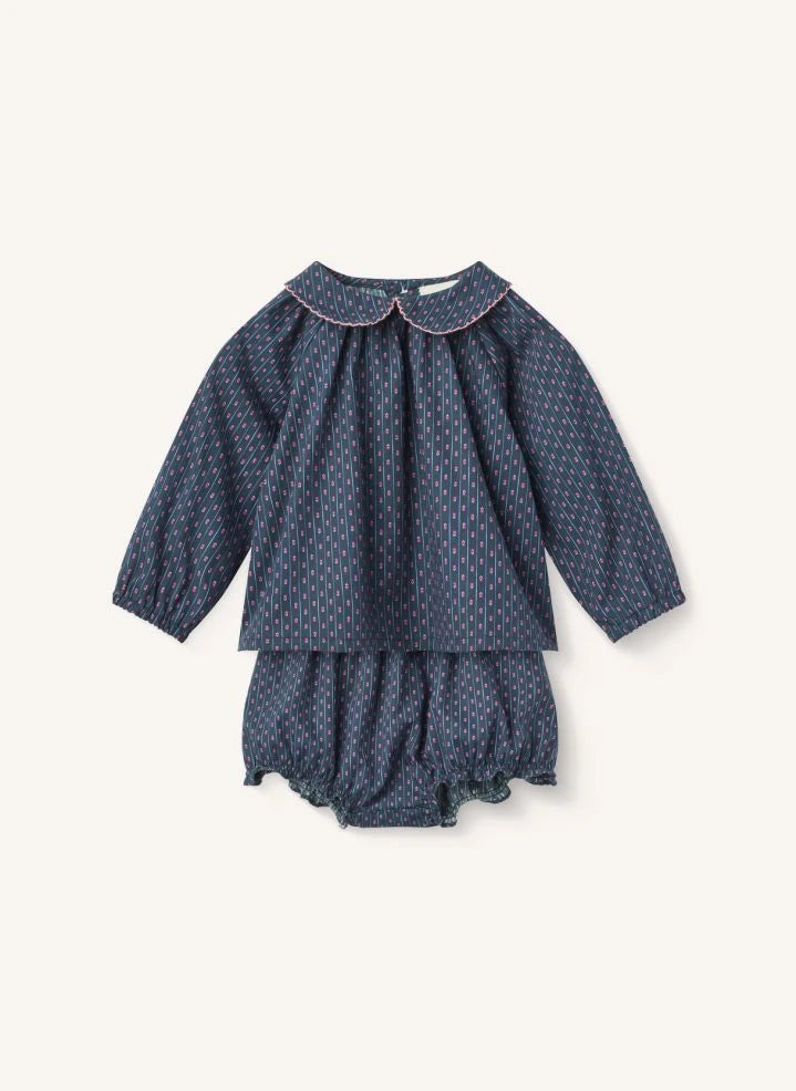 Copenhagen Colors - Conjunto floral de blusa y bloomer de algodón orgánico | Azul marino